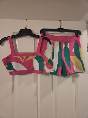 Bright Pink Abstract Print Knit Crop Top & Shorts Set